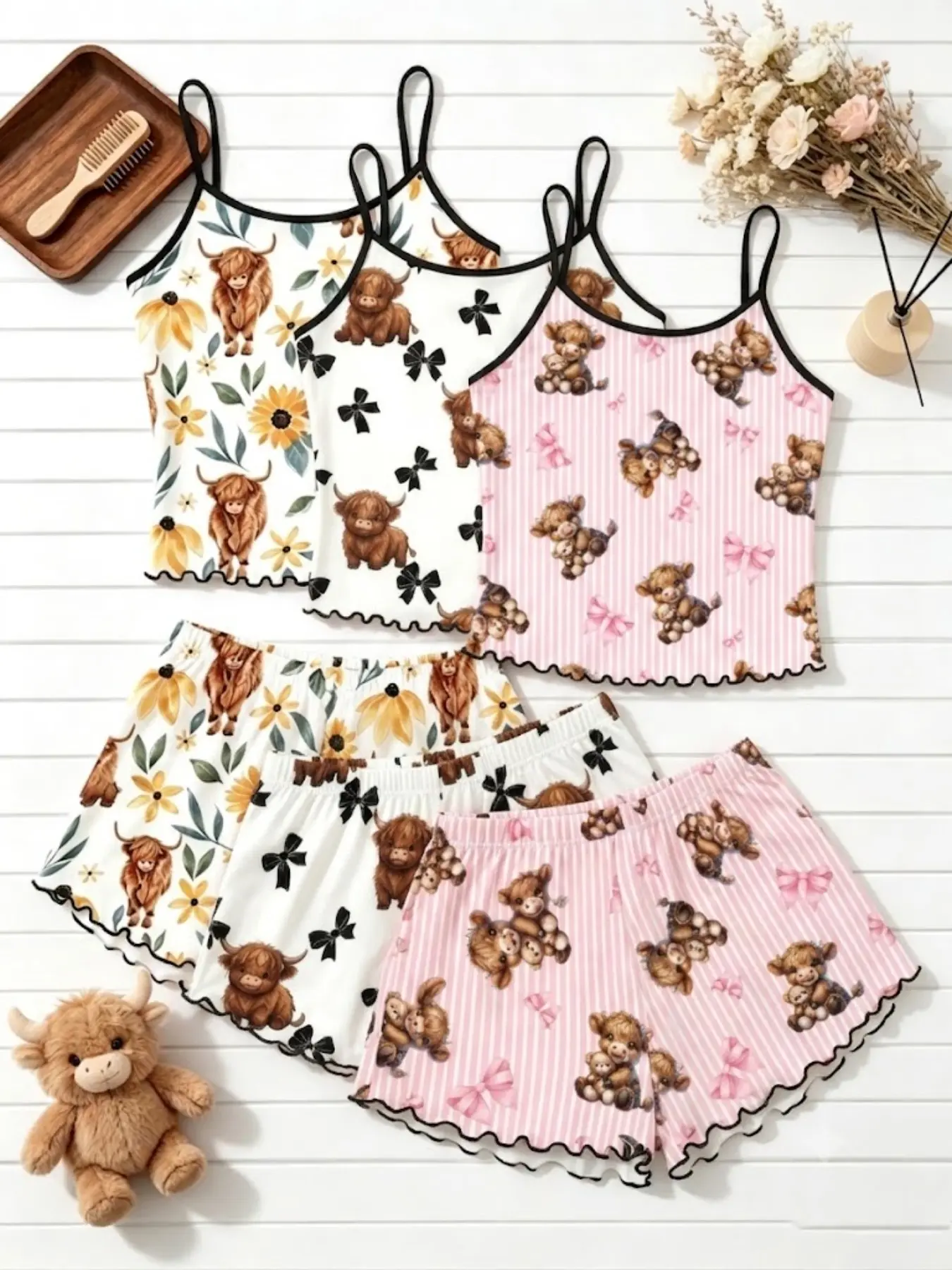 6 Pack Viral 2026 Trending Best Seller Women's Sleepwear Highland Cow Sunflower Floral Bow Stripe Print Summer Spaghetti Strap Ruffle Hem Ultra Soft Pajama Set Lightweight Comfy Breathable Casual Nightwear for Daily Wear