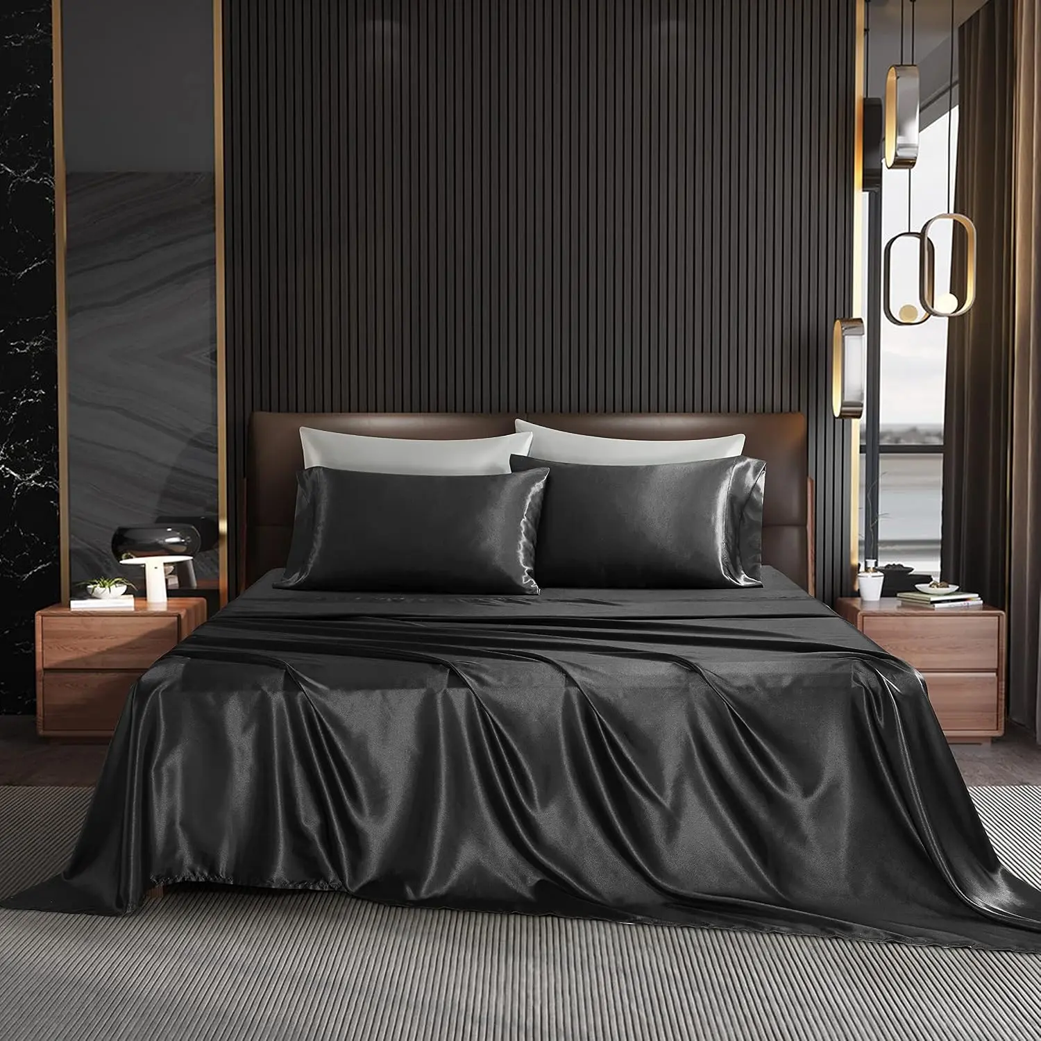 NA 4PCS Black Sheets Full Size Black Silk Sheets Sets Bedding Sets & Pillowcases with 1 Flat Sheet+1 Deep Fitted Sheet+2 Pillowcases, Silky Bed Sheets, Bed Sheet