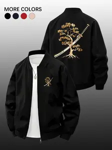 Men's Spring Fall Japanese Samurai Sword Baseball Jacket, Classic Lapel Pilot Jacket, American Style + Eastern Aesthetic, Casual Street Wear