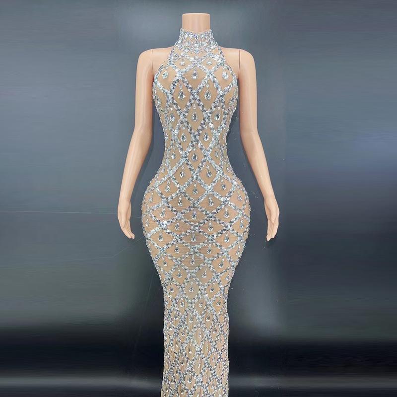 Sexy shiny rhinestone silver dress plus size women's party dress neck fishtail dress formal dresses women wrap dress prom