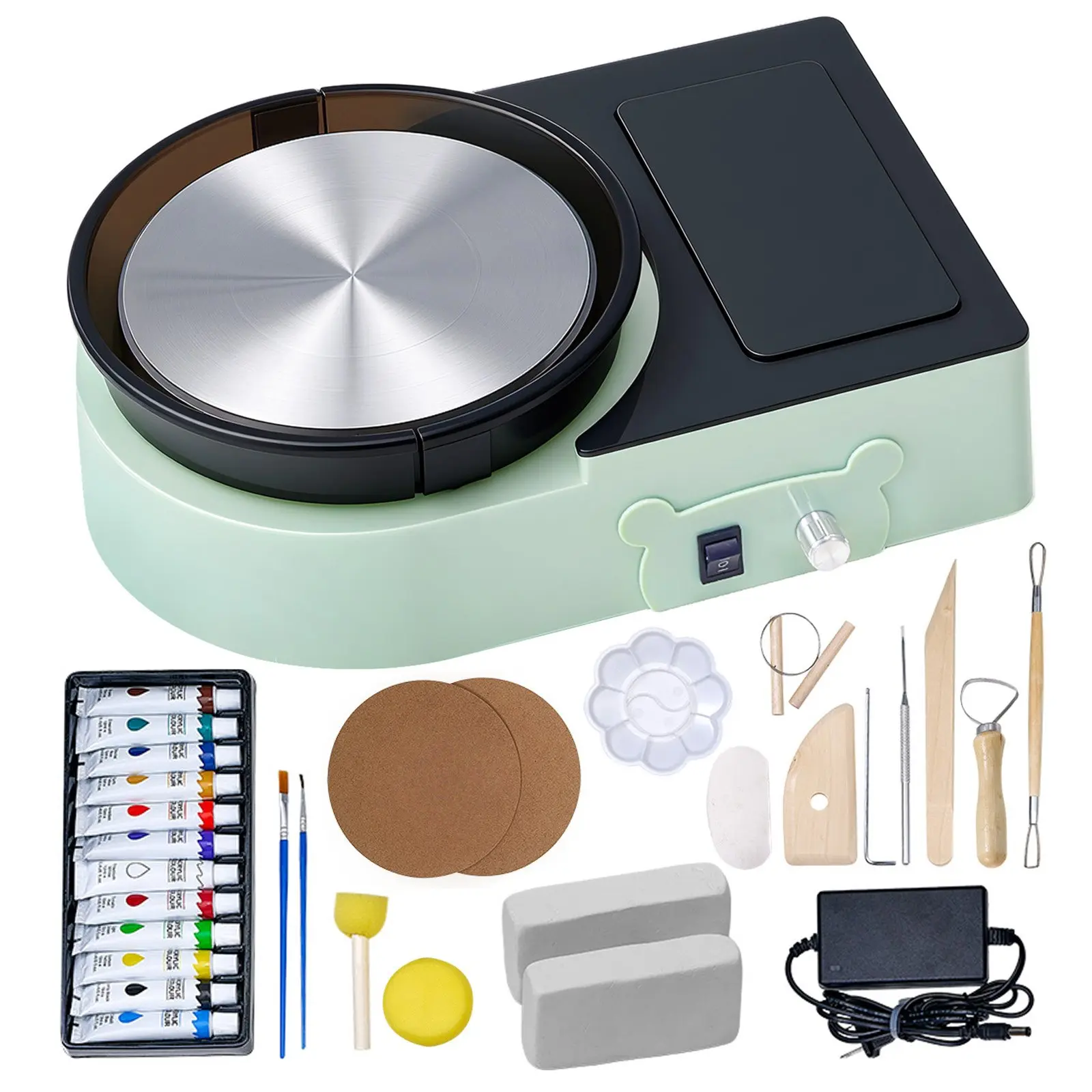 VEVOR Electric Mini Pottery Wheel, 6-in Turntable with Adjustable Speed, Forward/Reverse Rotation, Aluminum Base, Clay Shaping Tools, Playful Look for Kids+Adults Clay Crafting, Green