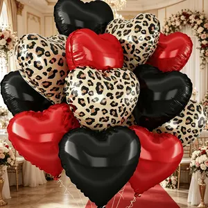 12pcs 18 inch leopard print black and red heart-shaped aluminum foil balloons - Leopard print, perfect for birthday parties, anniversaries, weddings, engagements, and coming of age decorations