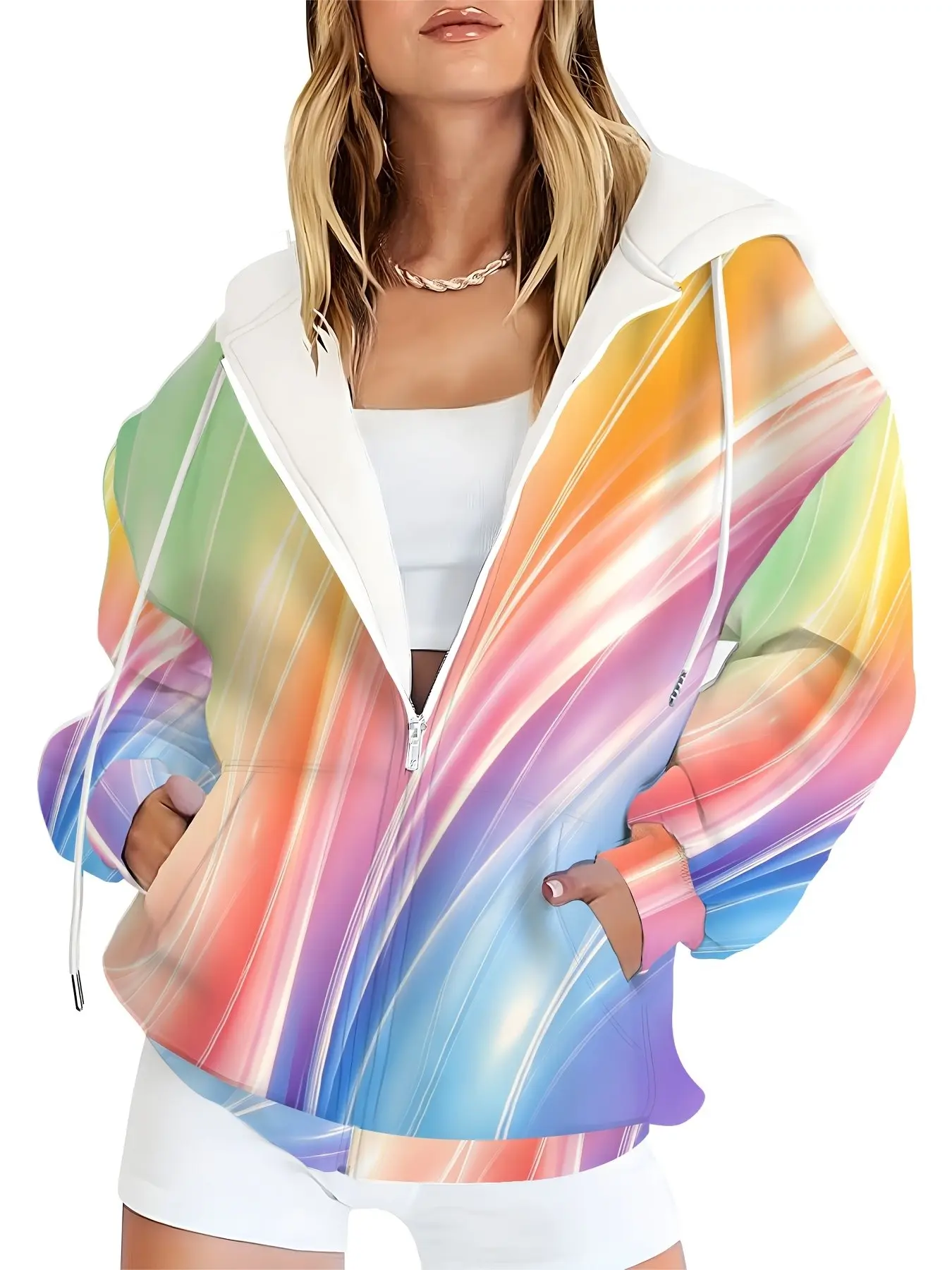 Rainbow Gradient Hooded Jacket for Women, Loose Fit Zip-Up Cardigan, Casual Fashion Top, Spring & Fall Versatile Coat
