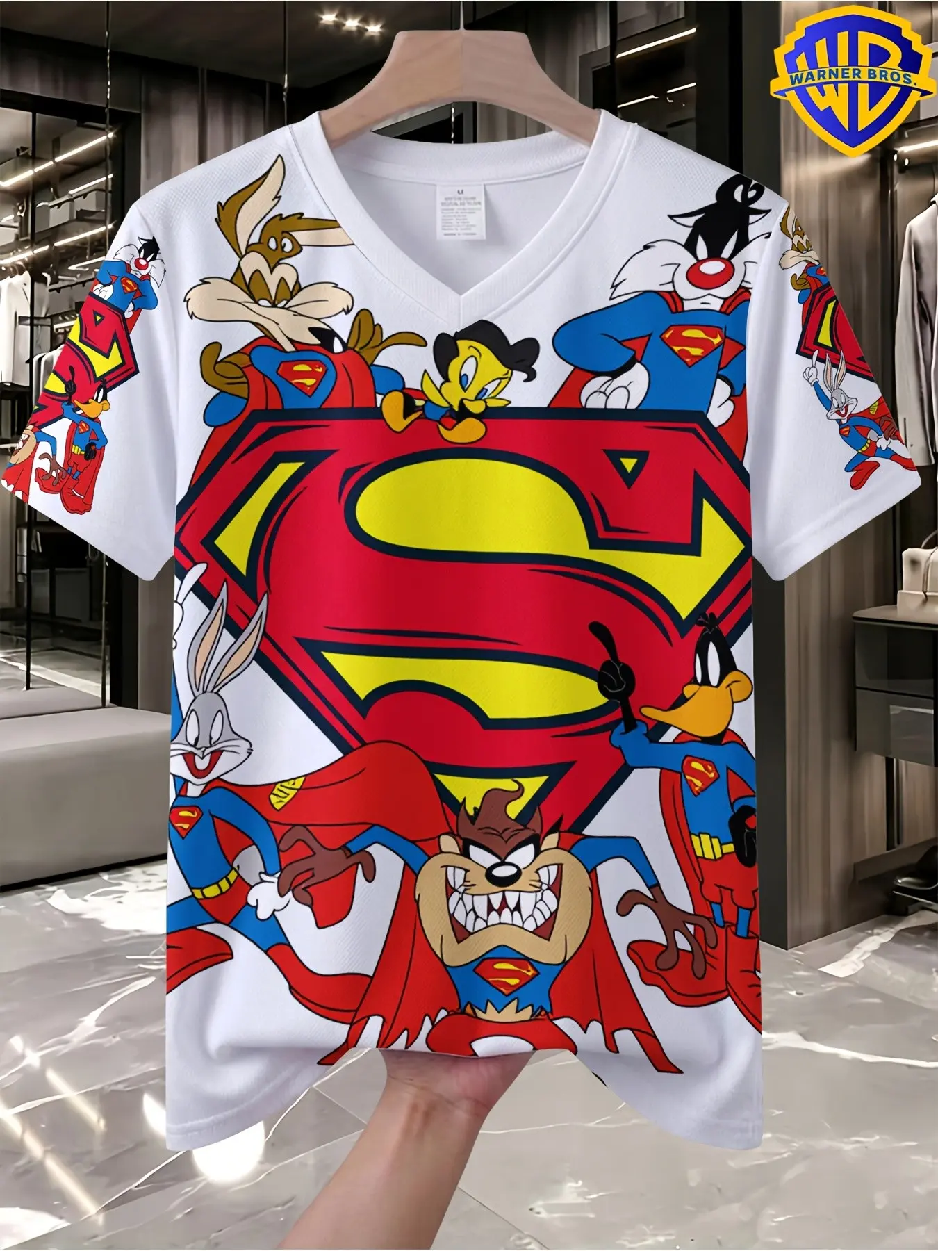 Warner Bros. Looney Tunes Digital Print T-Shirt, Unisex V-Neck Short Sleeve, Fitted Long Tee, Casual Streetwear, Beachwear
