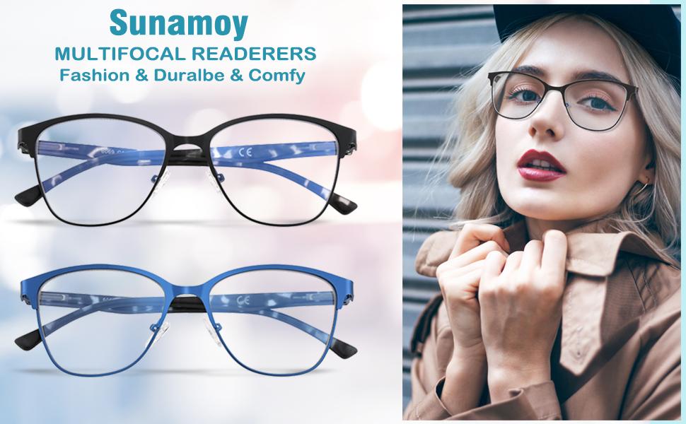 Progressive Multifocal Reading Glasses Women Cat Eye No Line Multifocus Transition Blue Light Reader Lady Metal Frame