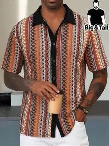 Men's Big And Tall Short Sleeve Button Shirt, Black Contrast Lapel Collar, Ethnic Zigzag Geometric Vertical Stripe Full Print, Loose Fit, Plus Size Retro Boho Daily Casual Top