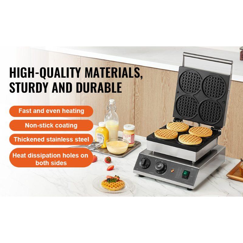 VEVOR Commercial Waffle Maker, 4PCS Round Waffle Baker Machine, 1750W Non-Stick Stainless Steel Belgian Waffle Iron with Temperature and Time Control, for Restaurant Bakery Snack Bar Family