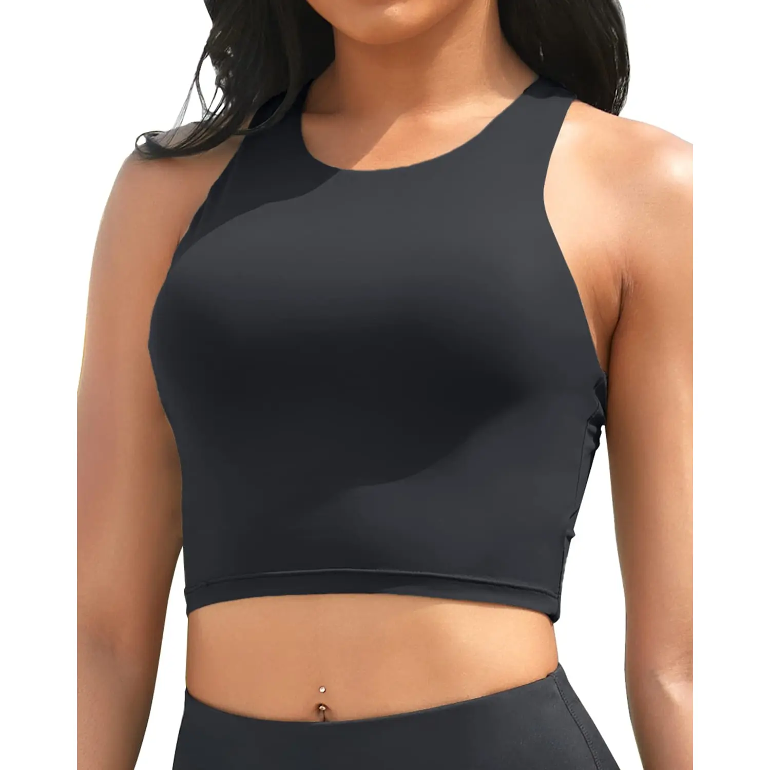 Yonique Women Bikini Top Only Crop Swim Top Longline Swimsuit Tops High Neck Bathing Suit Top