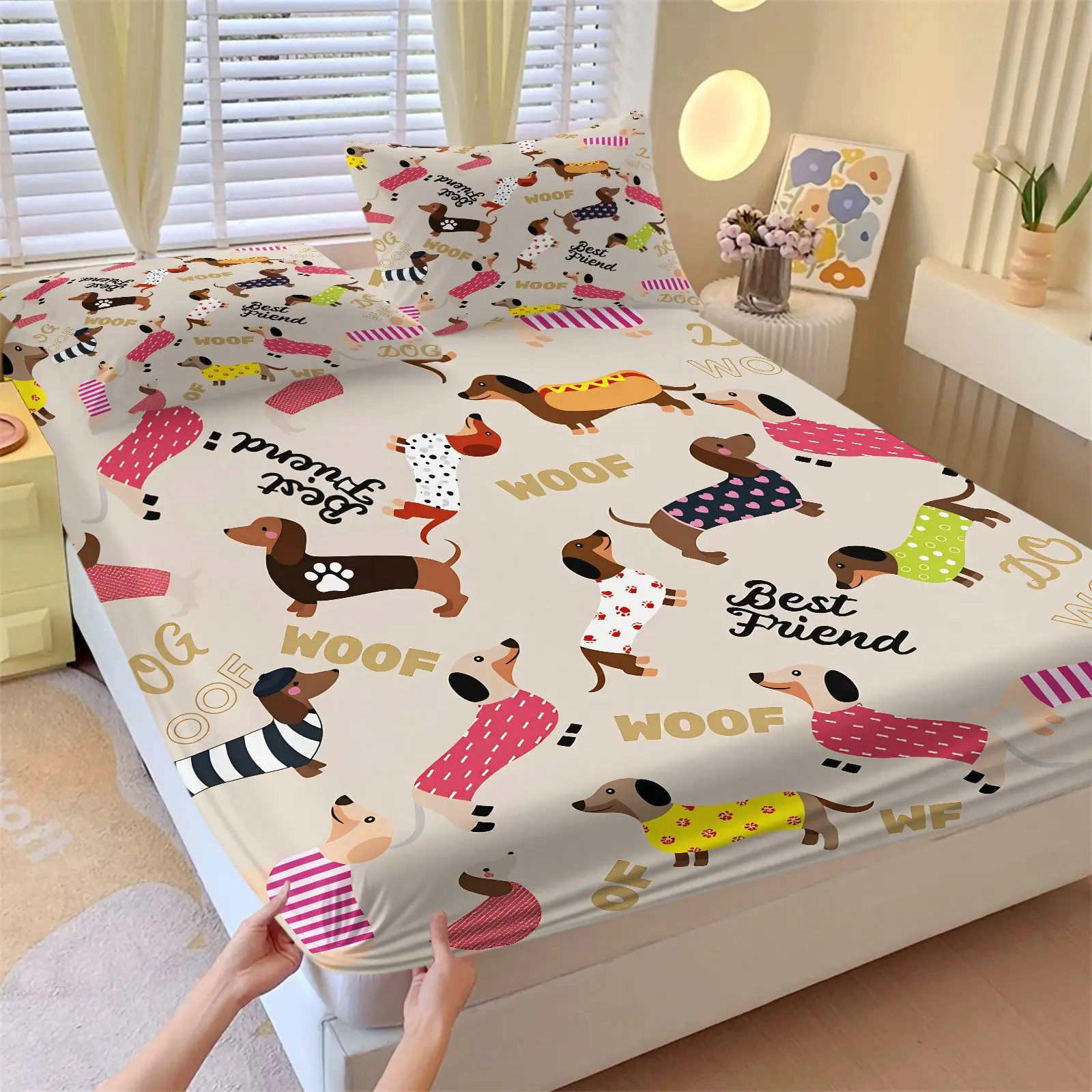 Cute Dachshund Dog Print Fitted Sheet Set, 1 Fitted Sheet + 2 Pillowcases, Deep Pocket Non-Slip Mattress Protector, Cartoon Sausage Dogs In Colorful Clothes With Woof Letter Prints, Lovely Breathable Soft Bedding For Dog Lovers Bedroom Decor