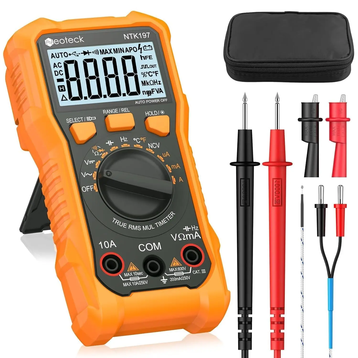 Neoteck 2000 Counts Digital Multimeter Voltmeter Tester with 2 Test Leads, NCV, LCD Display for AC/DC Voltage, AC/DC Current, Resistance, Capacitance, Live Wire Detection, Frequency, Temperature, Duty Cycle, Continuity, Diode Testing