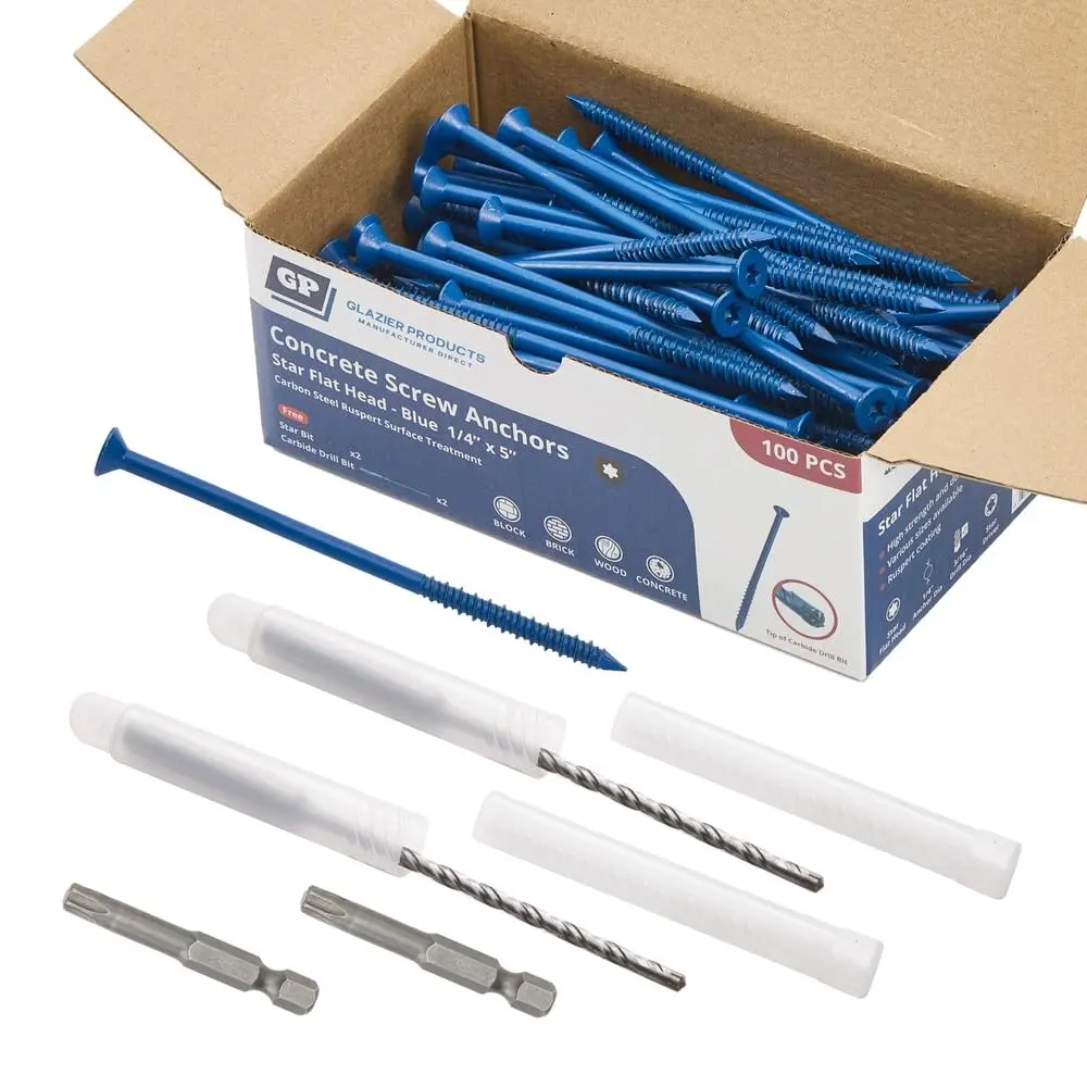 1/4" x 5" Concrete Screws, Blue Flat  Countersunk  Drive, 100 Pack w/ 2 Drill Bits & 2  Driver Bits Included - Heavy Duty Masonry Anchor Screws for Concrete, Brick, Block - Carbon Steel