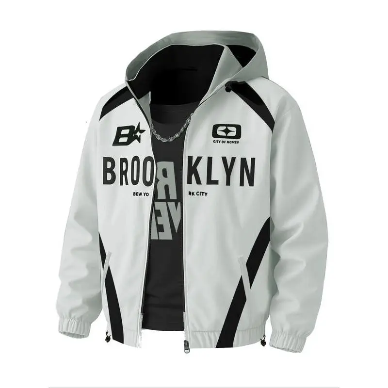 Men's Casual Vintage Street Wear Colorblock Bomber Jacket with Detachable Hood, Vintage Style Woven Fabric, Fitted Design for All Seasons