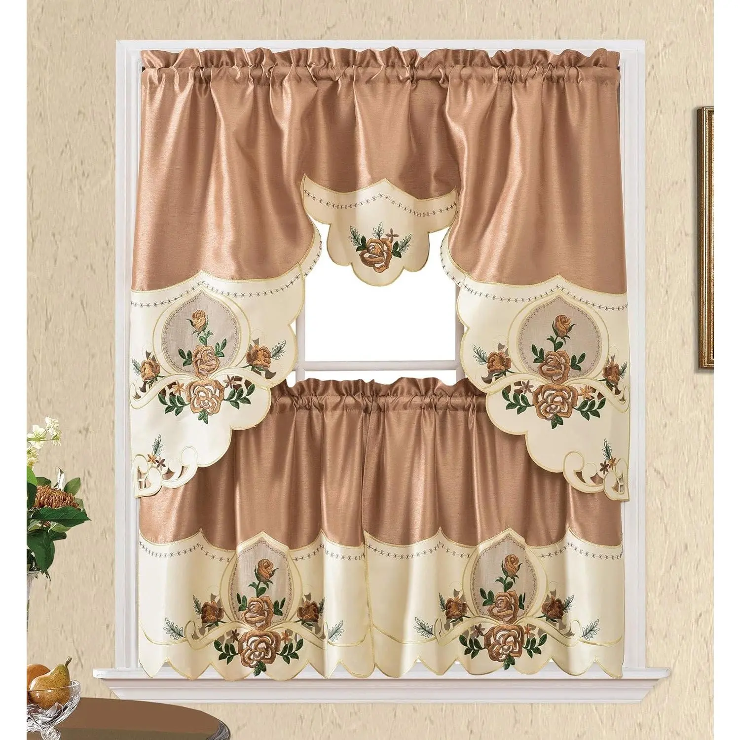 3pcs Kitchen Cafe Curtain Set Swag and 24 inches Tiers Set for Small Windows Rose Embroidery Border with Inserted Organza Bronze