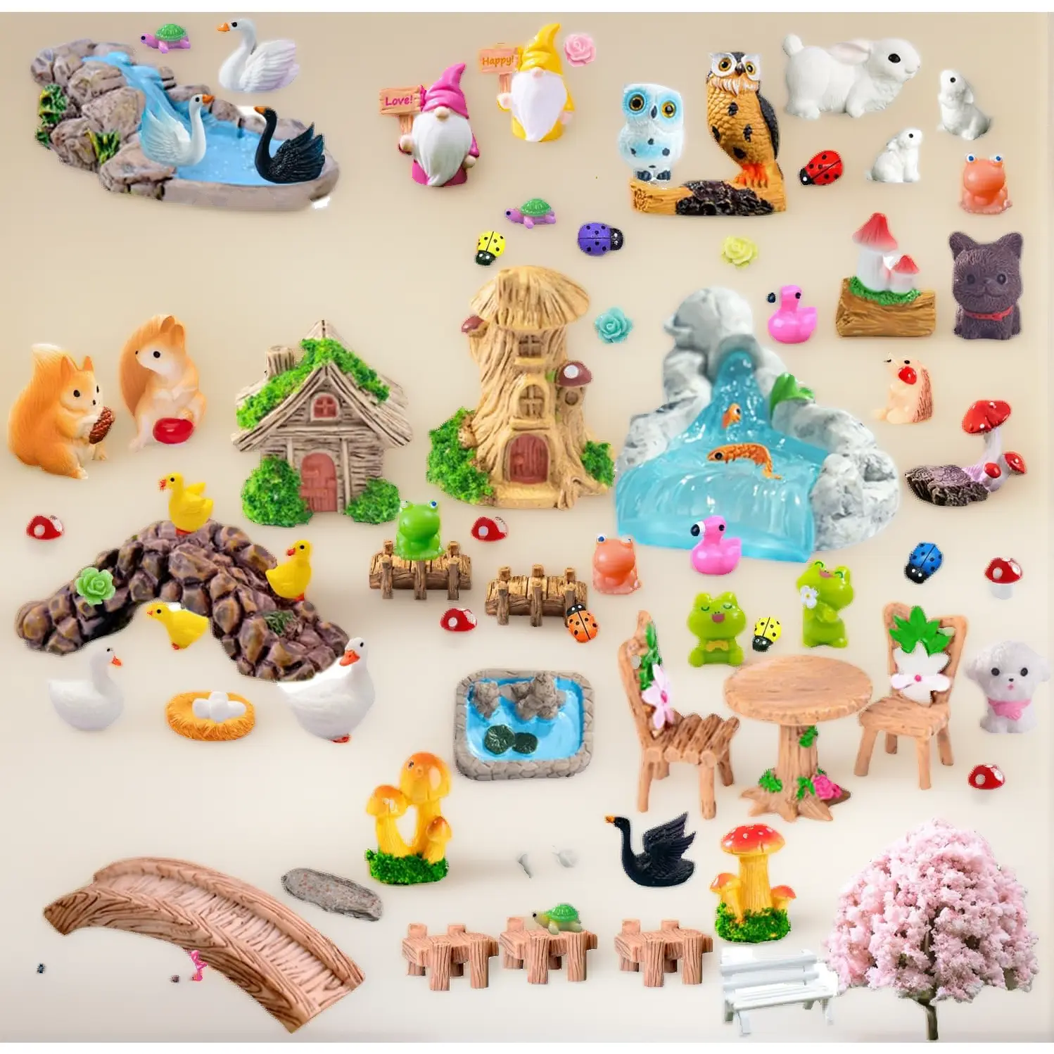 100 Pcs Mini Fairy Garden Accessories Set - Resin Figures, Bridge, Pond, House, Gnome Figurines, Resin Animals for Dollhouse Garden Craft (Men's Costume & Special Occasion Decor Add-Ons), Animal, Miniature, Small, Bulk Set, Bulk Mini Figures, Decorative