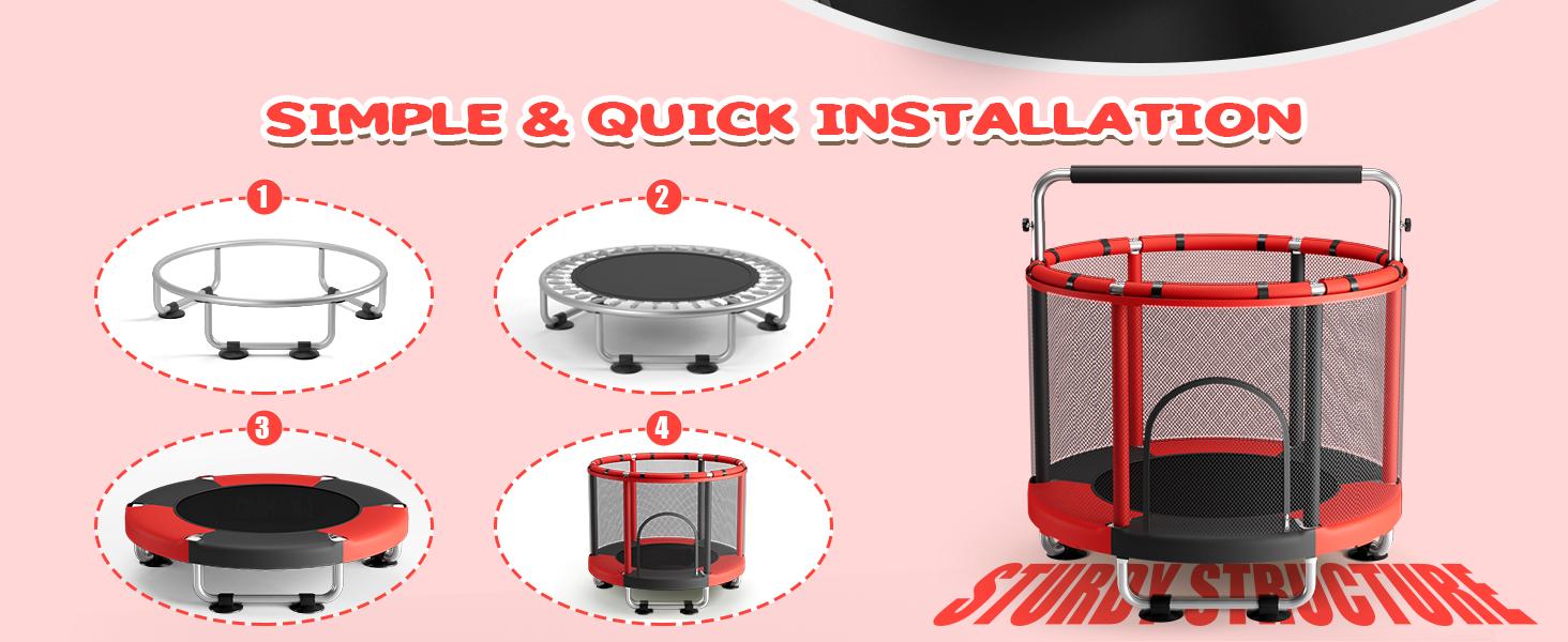 AGS 55" Trampoline for Kids with Enclosure, 440lbs Capacity Indoor & Outdoor Toddler Trampoline with Adjustable Gymnastics Bar & Toys, for Boys & Girls