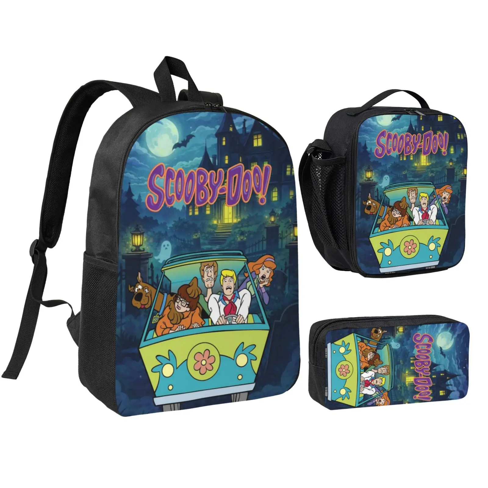 Anime Scooby Doo3 Kids 3Pcs Multipurpose Teen Backpack Set with Adjustable Shoulder Straps, School Bookbag, Insulated Lunch Box & Pencil Bag for Boys Girls Daily School Travel Office