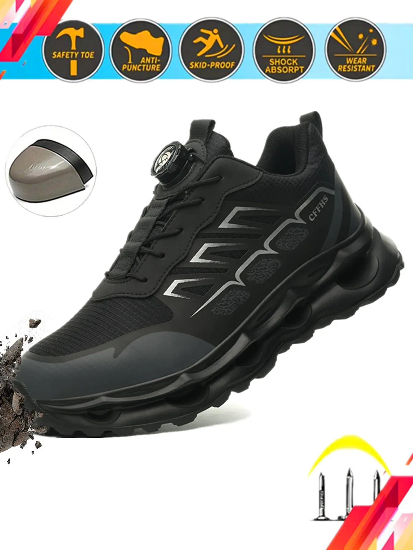 Men's Accident Protection Safety Shoes, EU Standard Steel Toe, Kevlar Puncture Resistant, Dial Quick Lacing System, Ideal for Daily Workshop Work