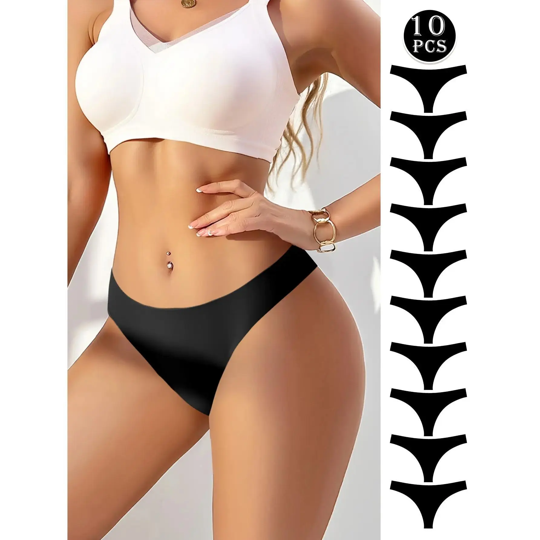 Women's 10-Pack Basic Black Solid Thongs - Smooth Seamless Lingerie, Soft Fit, Minimalist Breathable Everyday Panties, All-Season Versatile Underwear for Sports & Outdoor Use, Black (3 Pieces), Matching, Panties For Women, Seamless Thong, All-Seasons, Bre