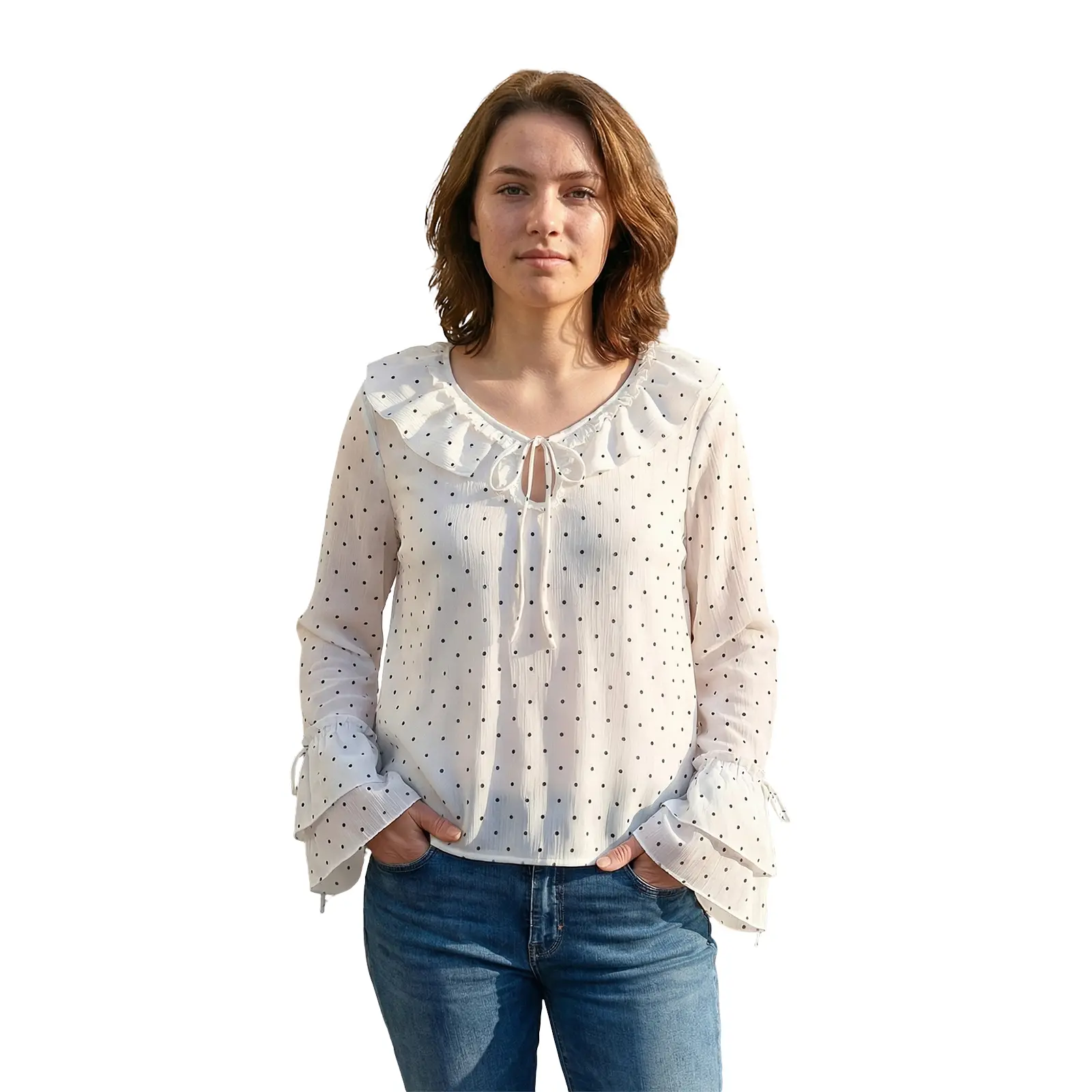 Women’s Loose Ruffle Tops Long Sleeve V Neck Tie-up Front Dots Print Shirts Spring Fall Blouses
