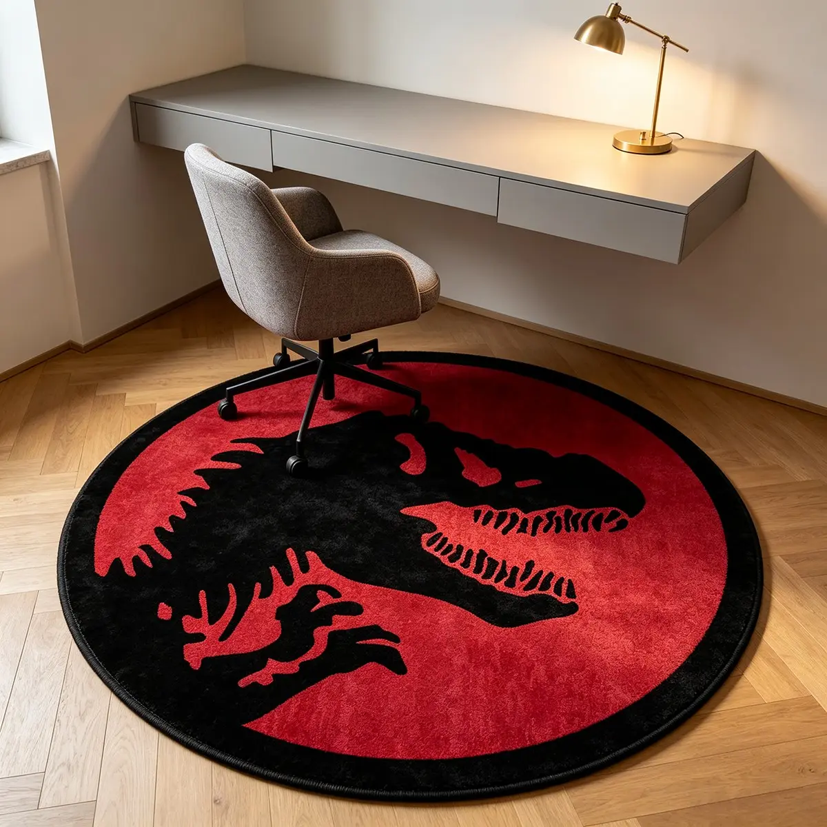Base Tyrannosaurus Rex Shadow Round Plush Rug, Jurassic Retro Gaming Room Desk Decor Mat, Cool Dinosaur Theme Foot Pad, Gaming Area Rug