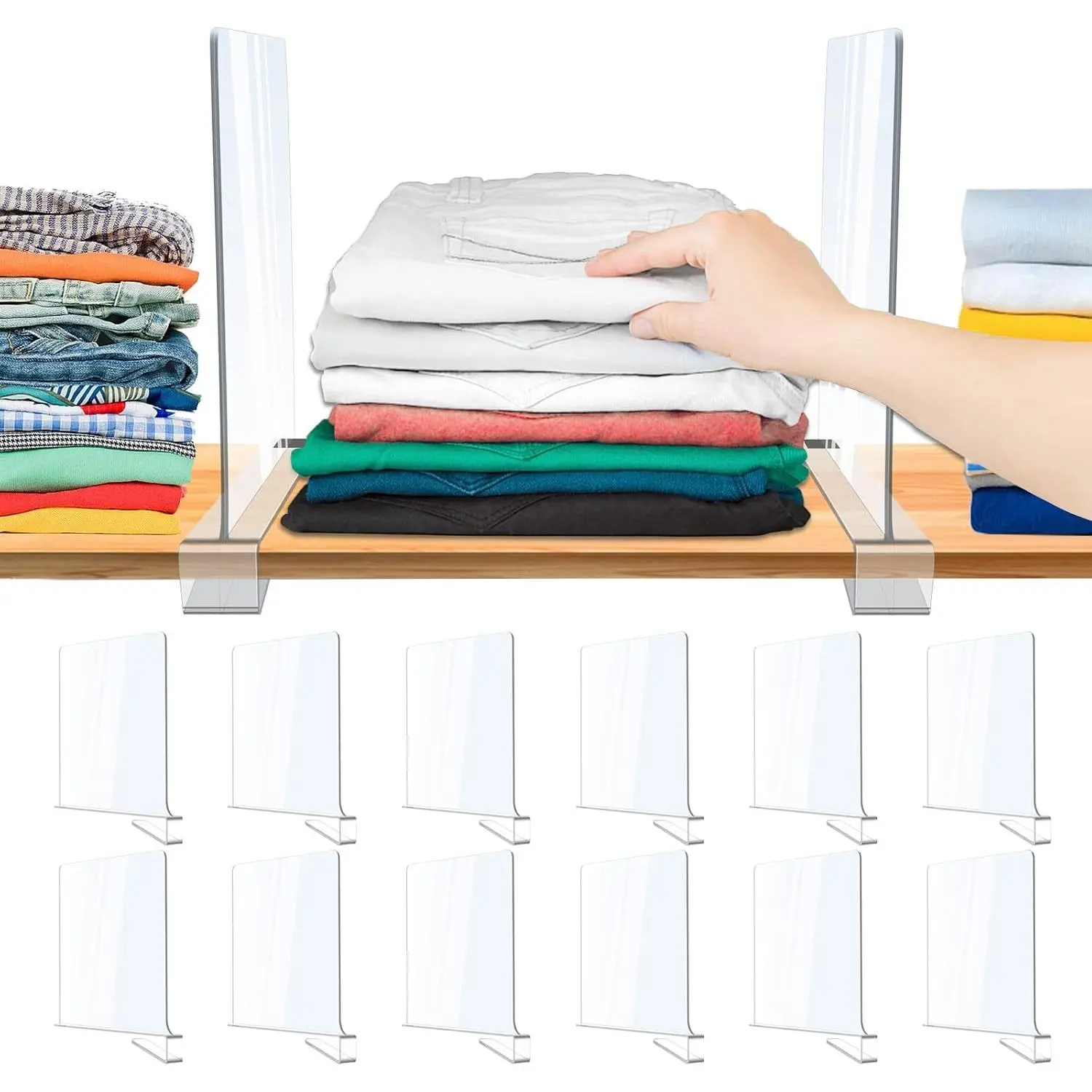 12 Pack Acrylic Shelf Dividers, Clear Closet Organizers for Clothes, Purses & Storage | Shelf Separators for Wood Shelves in Bedroom, Kitchen, Office, Cabinets, BathroomGift