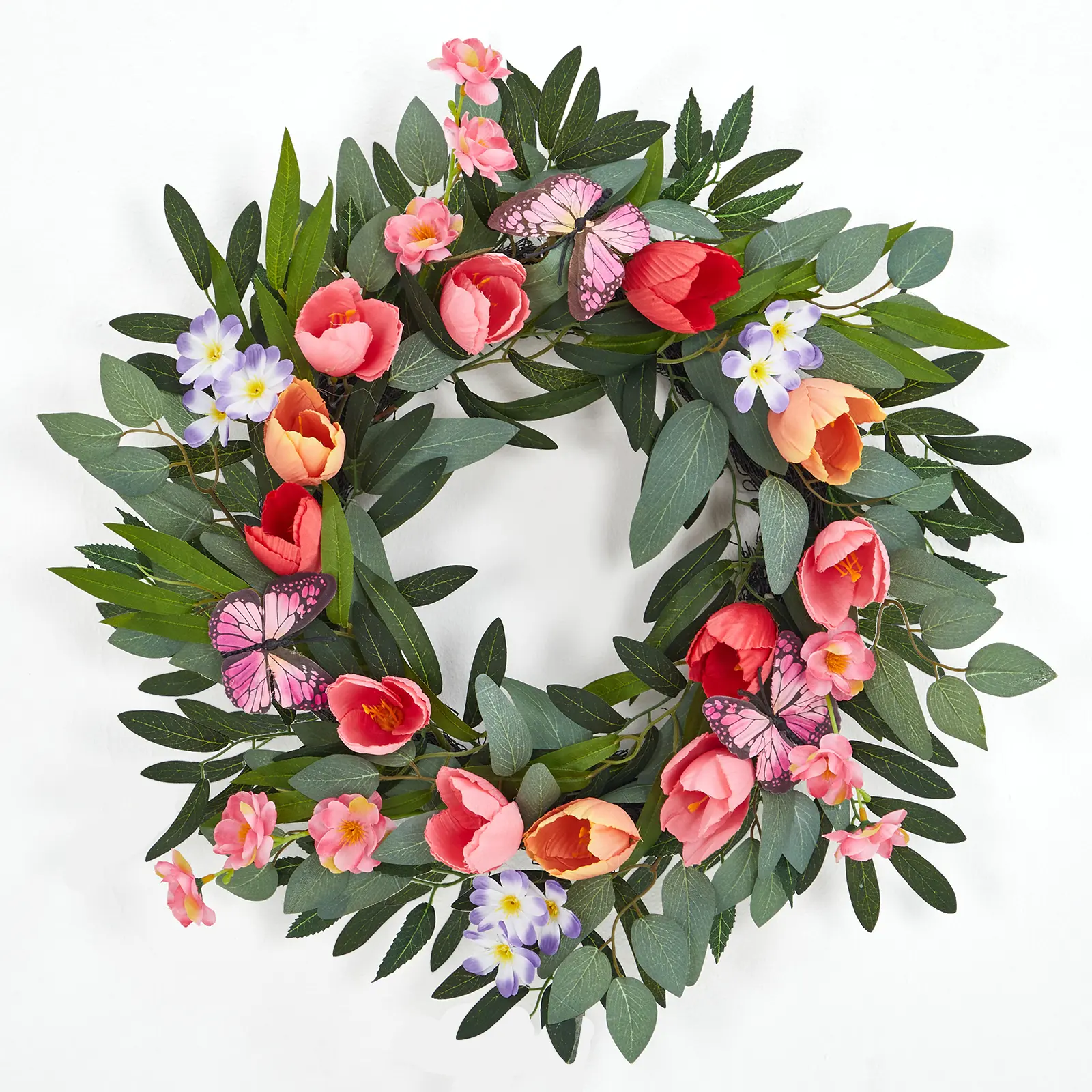 Tulip Wreath for Front Door - 20 Inch Artificial Floral Wreath with Eucalyptus Leaves & Butterflies - Colorful Spring & Summer Farmhouse Decor