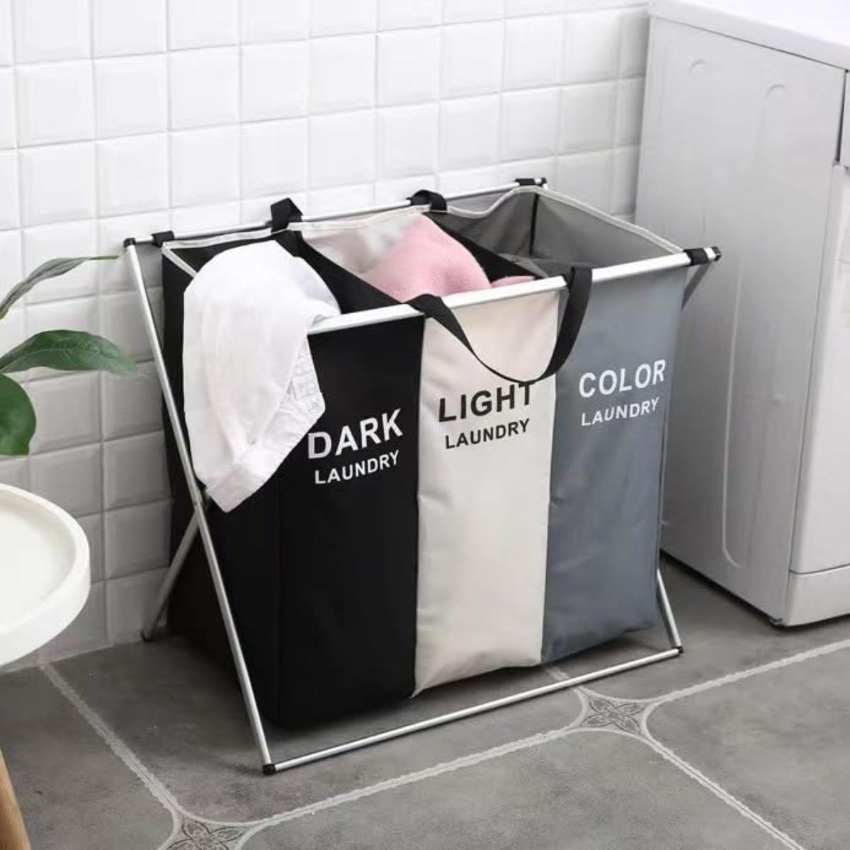 ‌Foldable Triple Compartment Laundry Hamper with Aluminum Frame Space Saving Storage for Closets Utility Rooms Waterproof Oxford Fabric Durable Sorting Basket Sturdy Handle‌ Versatile Portable