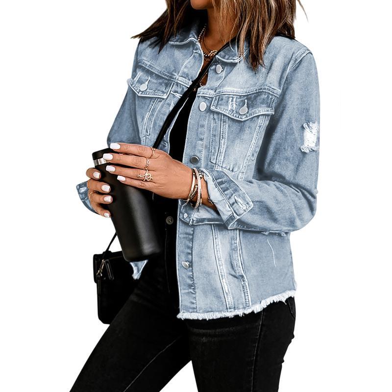 Women's Jean Jackets Non Stretch Boyfriend Washed Distressed Ripped Lapel Long Sleeve Denim Jacket Tops 2025 Spring Fall Womenswear Outfits Casual Coats