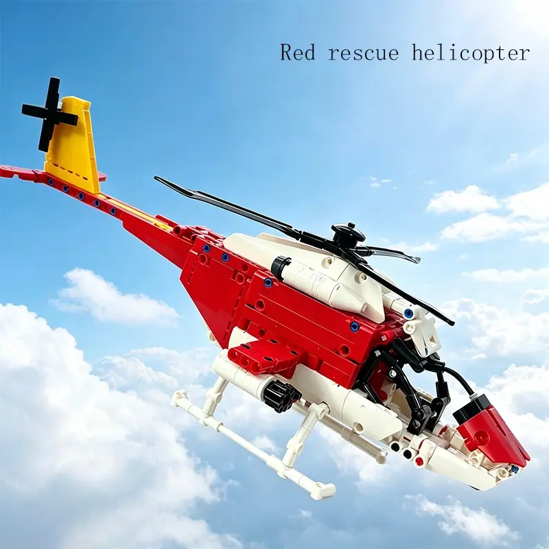 Building block helicopter, helicopter rescue aircraft, black and red building block aircraft, rescue-themed building block aircraft, tabletop decoration, game-themed building blocks, building block gift/birthday gift, Diy building model