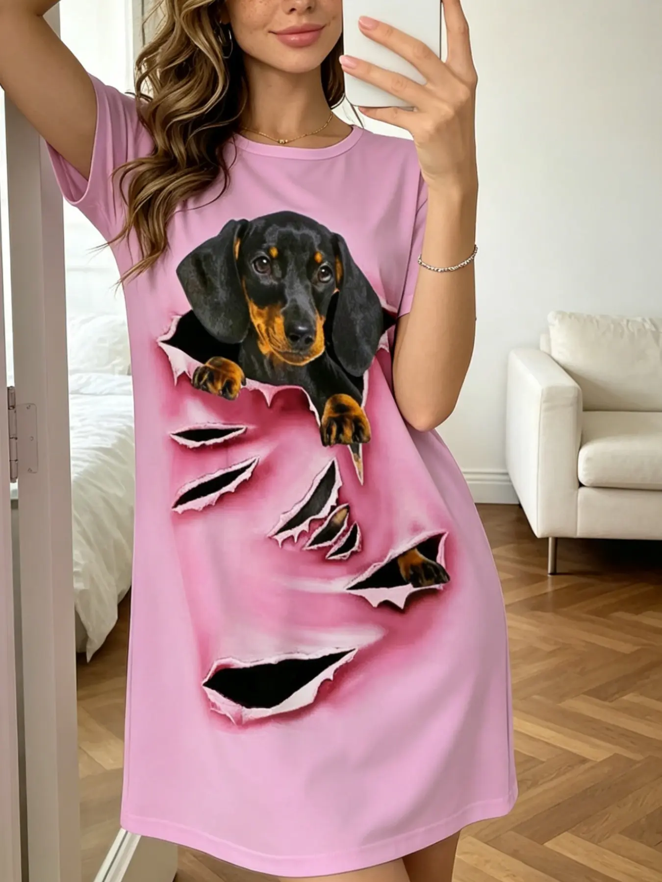 Women's Pajamas, Nighty Dress Summer 2026 Trending Light Pink 3D Torn Effect Dachshund Dog Print Buttery Soft Breathable Lightweight Night Dress Round Neck Short Sleeve Sleep Shirt Loose Fit Casual Comfortable Loungewear Sleepwear for Women & Ladies