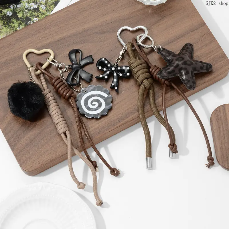 Retro Brown Woven Rope Bag Charm, Leopard Star Bow Acrylic Pendant Keychain