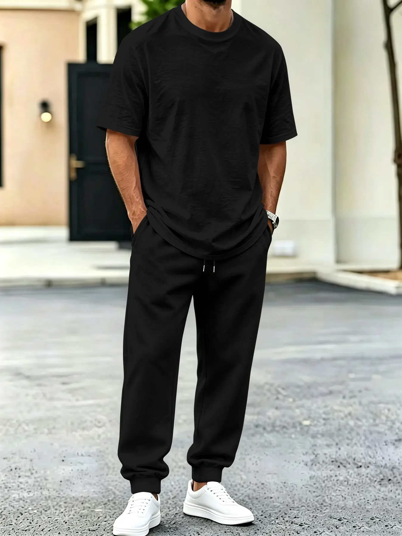 Men's Casual Two-Piece Set, Loose Fit Short Sleeve Top and Drawstring Sweatpants, Simple Solid Color for Daily Wear
