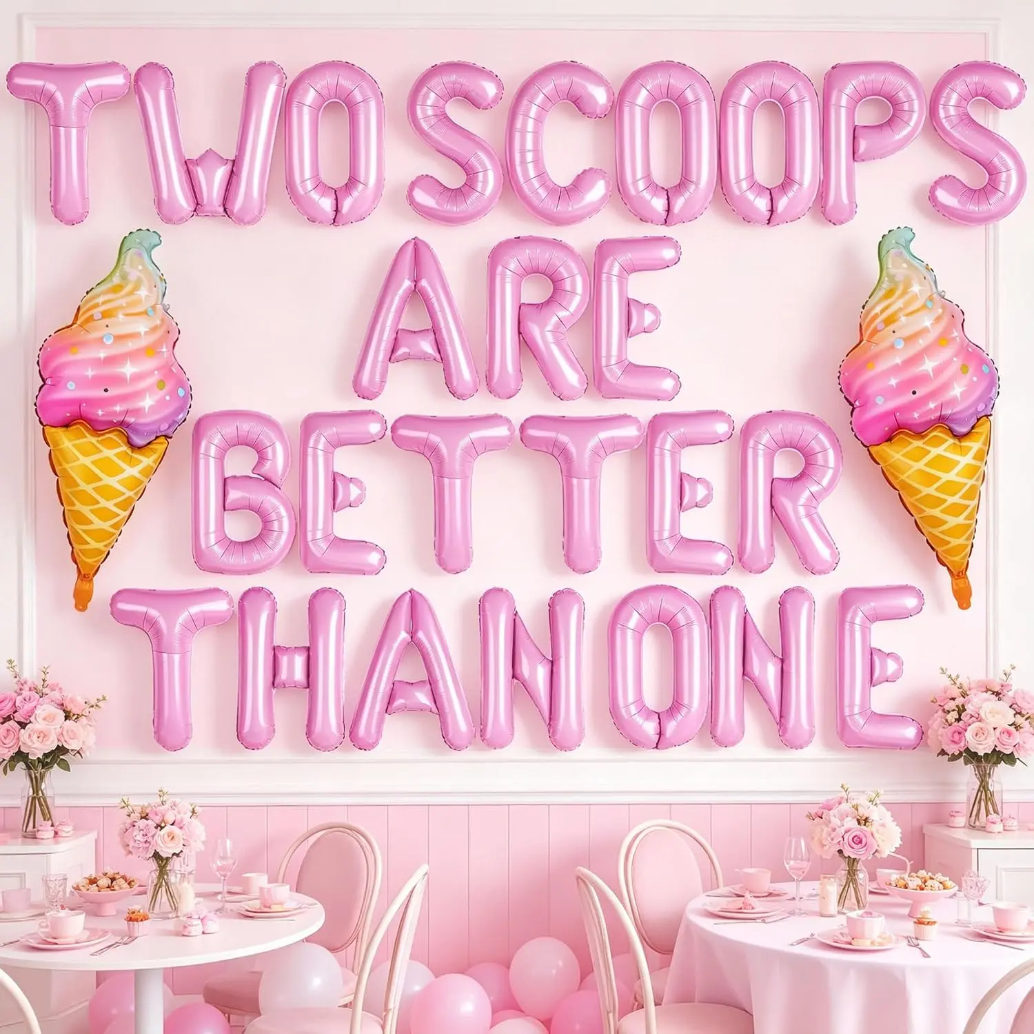 Ice Cream Themed Twin Letter Balloons Set (Set Includes 3), Sweet Look 1st-2nd Birthday Party Decorations, Festive Supplies for Baby Shower Home Use