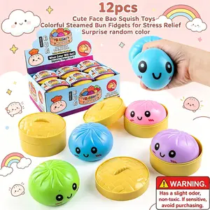 1/12pcs-Colorful Steamed Bun Stress Balls, Cute Face Squeeze Toys with Simulation Steamer, Soft Sensory Fidget Toys for Anxiety Relief, Perfect Classroom Rewards & Party Favors