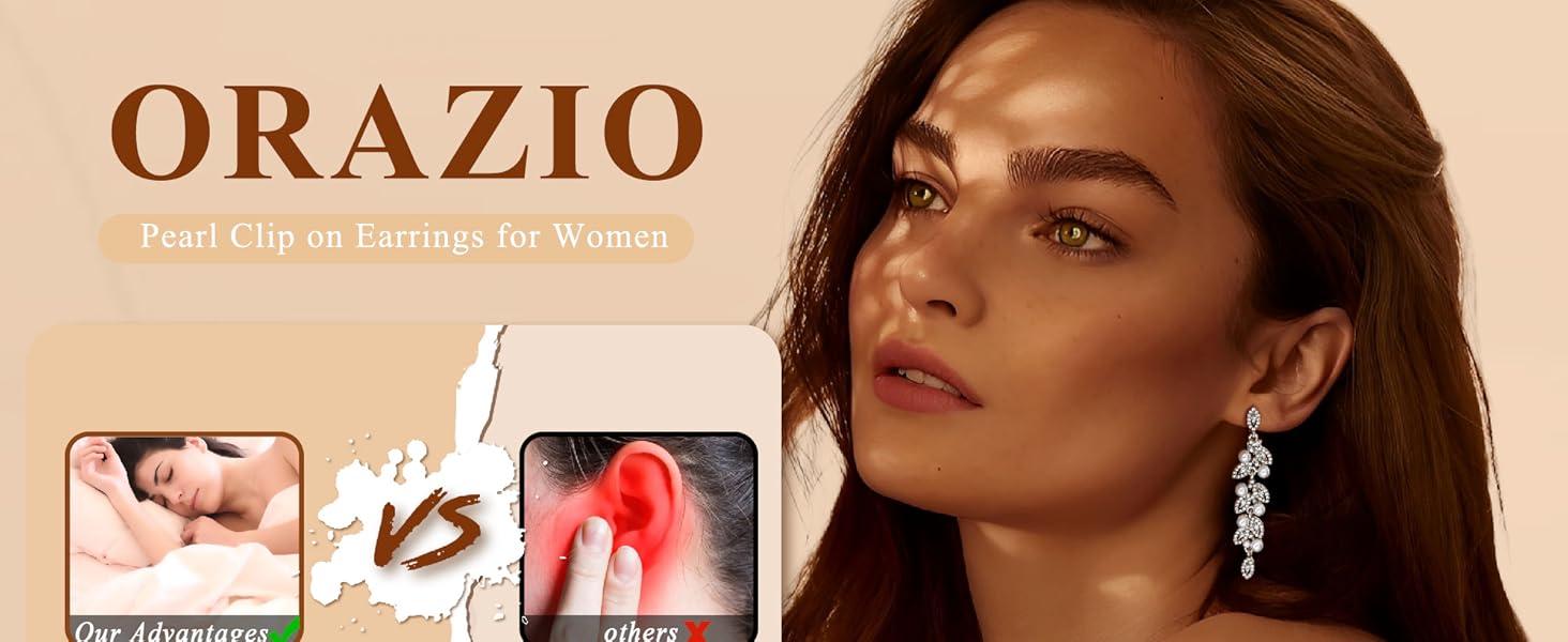 ORAZIO Clip On Earrings for Women - Pearl Drop Dangle Earrings with Bow Heart CZ - Lightweight Hoop Earrings for Non-Pierced Ears Gold Silver Finish Jewelry for Weddings Parties