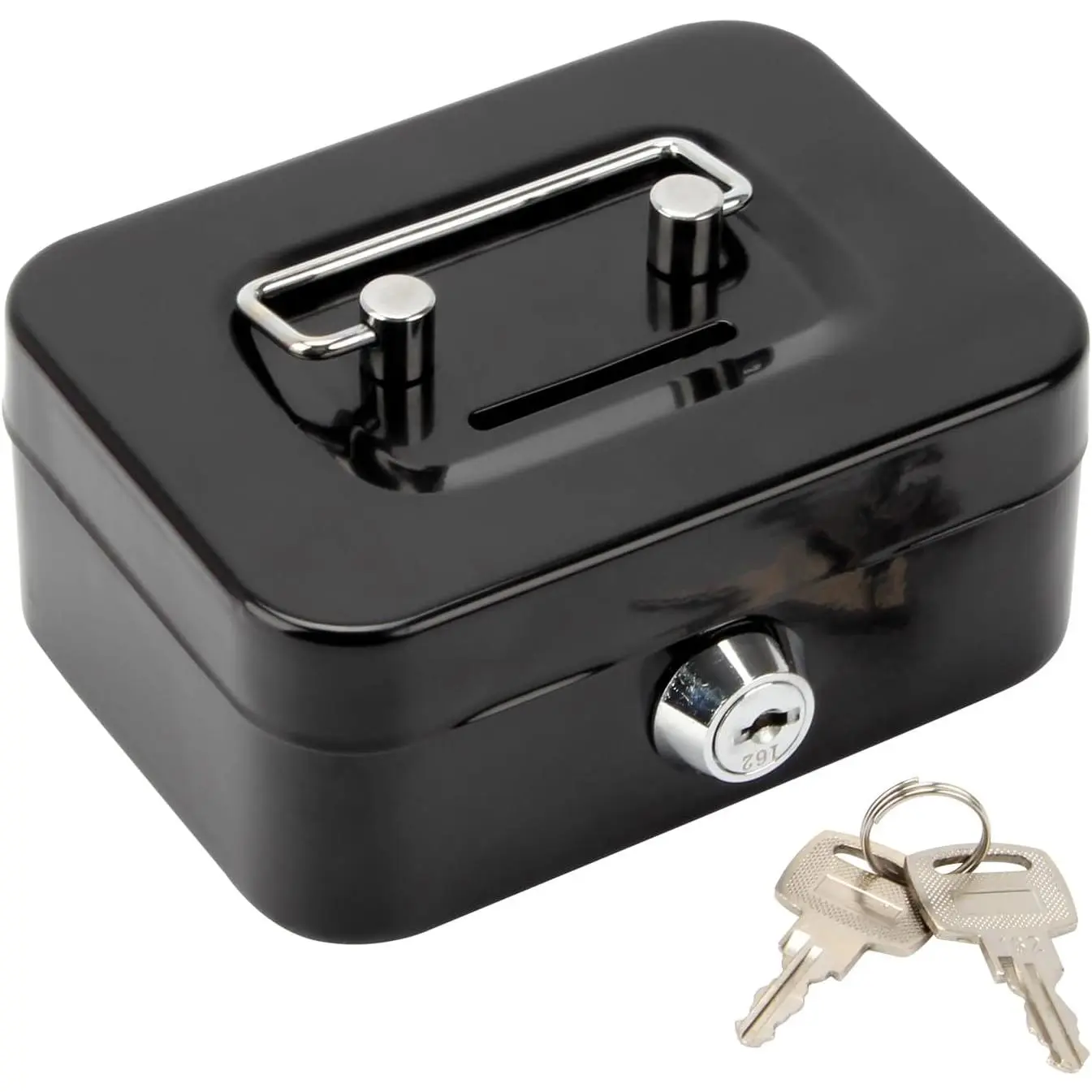 Mini Metal  Box with Slot, Small  Box with Handle and Key Lock, Safe  Lock  Box for  Gamblers 4.5" x 3.3" x 1.9", Black