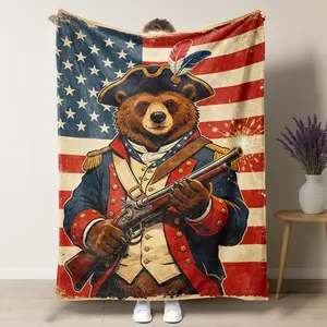 Patriotic American Flag Bear Throw Blanket – Vintage Revolutionary War Soldier Bear Plush Fleece Blanket for Home Decor, 4th of July, Memorial Day & Veteran Gift