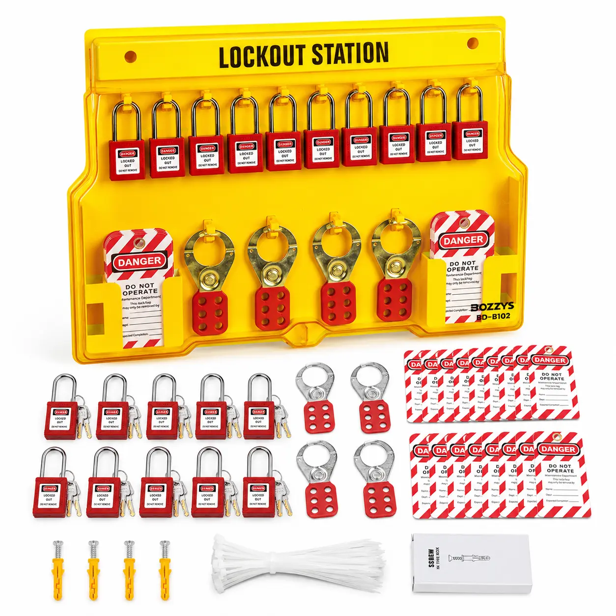 BOZZYS Wall Mount LOTO Kit, Lockout Tagout Station Organizer with 10 Safety Padlocks, Dust Cover & Hasp Handle for Factory Maintenance Teams, Workshops