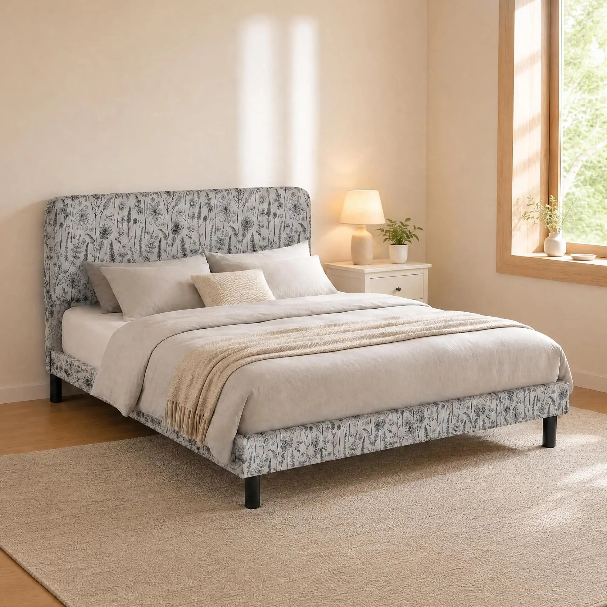 Full/Queen Size Upholstered Double Bed with Adjustable Headboard – Sturdy Platform Bed with Built-In Wooden Slat Support, No Box Spring or Extra Frame Needed – Quick Assembly Modern Bedroom Furniture for Home