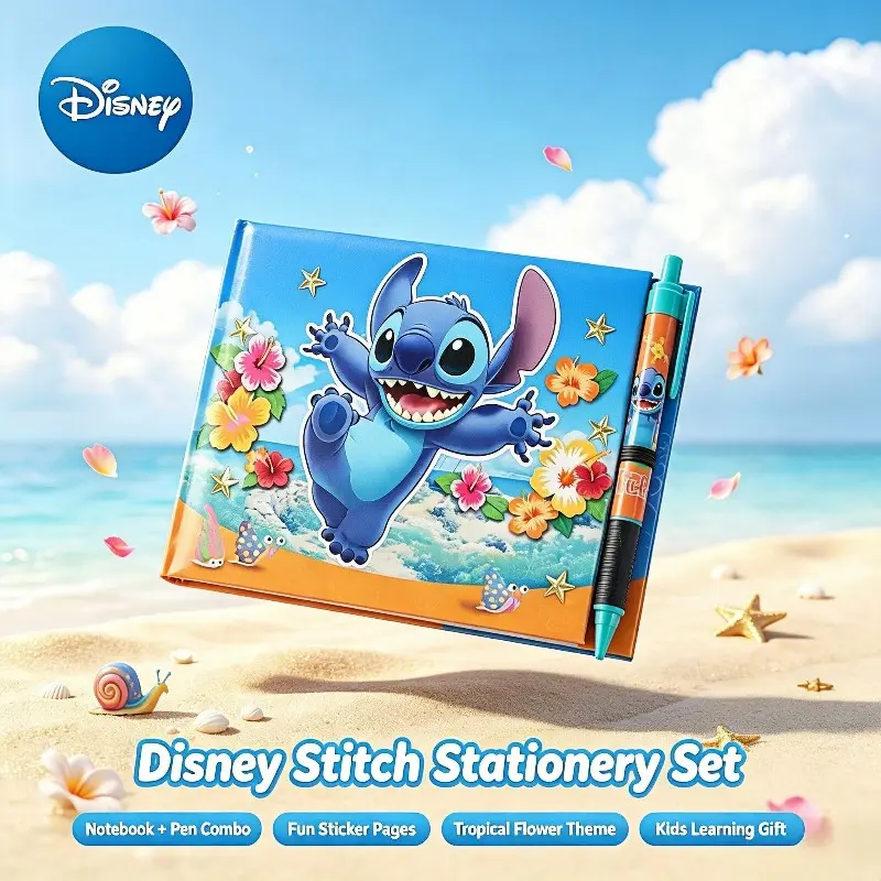 Disney Deluxe Stitch Autograph Book and Pen Set, Tropical Hawaiian Notebook, Back to School Gift, Kawaii Blue Alien, Office Supplies