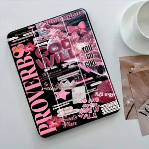 Black & Pink Y2K Scripture Collage Pattern Protective Case - Featuring Adjustable Stand, Pen Slot, and Foldable, Non-Slip TPU Design. Compatible with Samsung, iPad mini, iPad Air, iPad Pro, iPad 10th Gen, 11th Gen, and other iPad series.