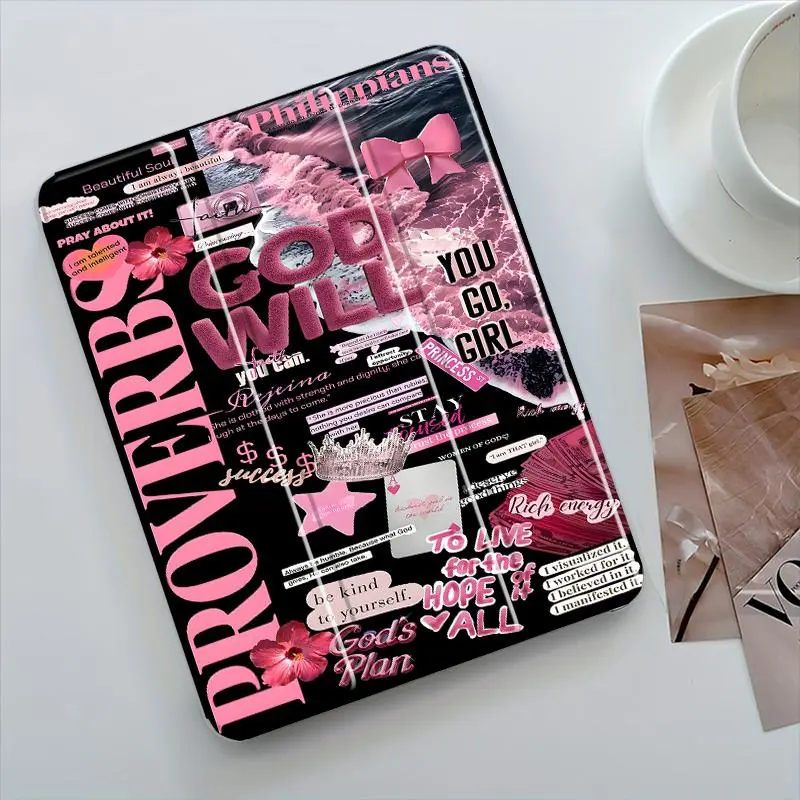 Black & Pink Y2K Scripture Collage Pattern Protective Case - Featuring Adjustable Stand, Pen Slot, and Foldable, Non-Slip TPU Design. Compatible with Samsung, iPad mini, iPad Air, iPad Pro, iPad 10th Gen, 11th Gen, and other iPad series.