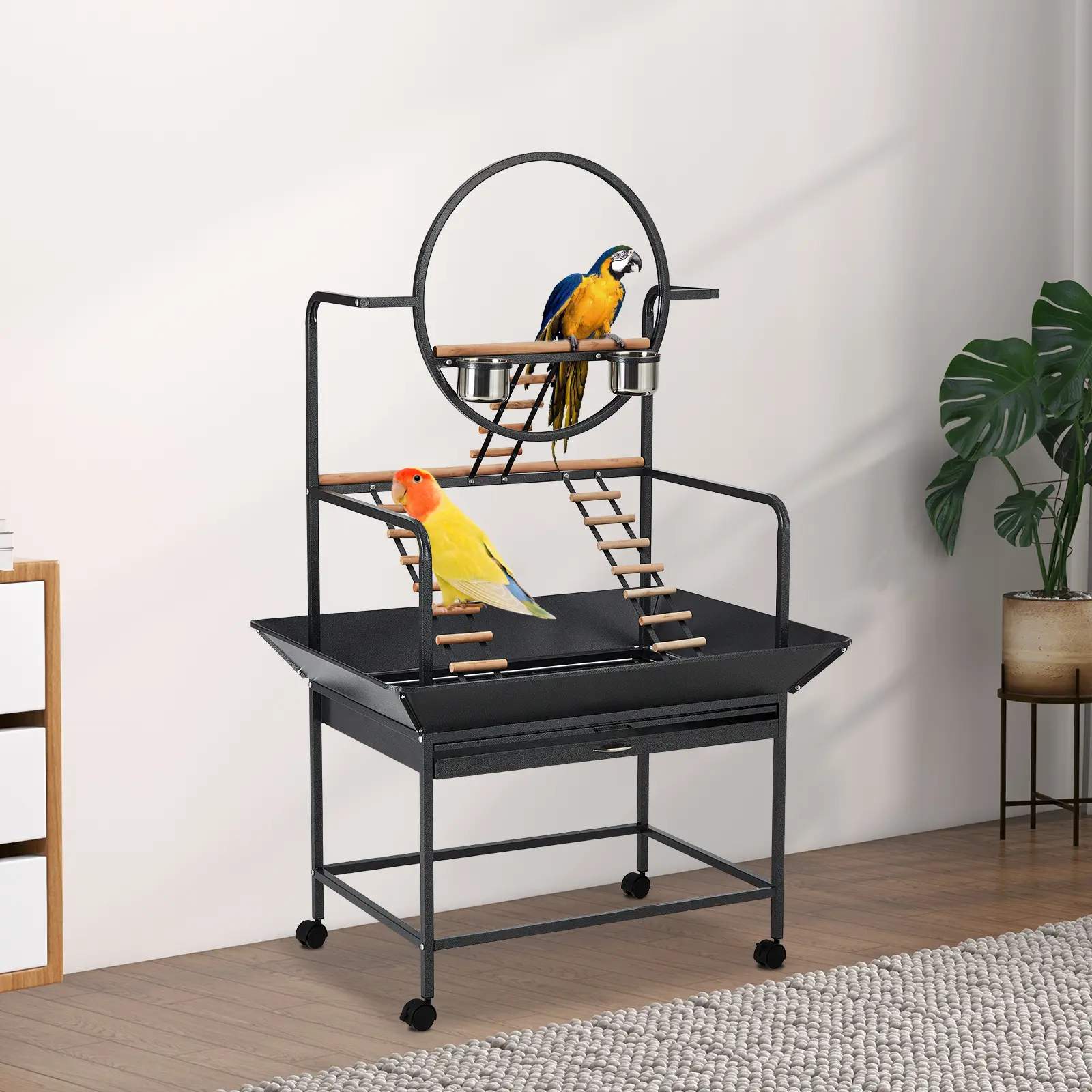 66in-Rolling Metal Parrot Play Stand Mobile Bird Play Gym with Ladder, Feeding Bowls & Pull-out Seed Tray for Medium Large Parrots