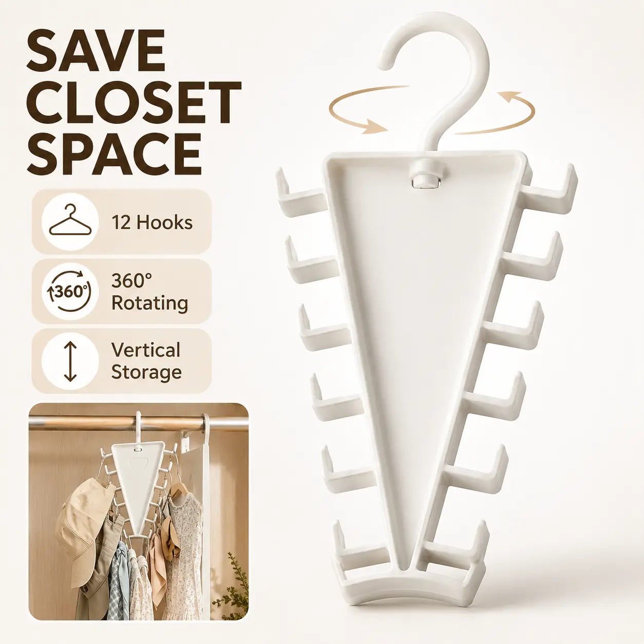 360° Rotating Closet Organizer Hanger – Space Saving V-Shaped Vertical Clothes Rack with 12 Hooks for Shirts, Jackets & Pants, Multi-Layer Wardrobe Storage Solution