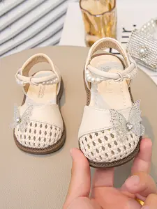 Girls' Braided Princess Sandals, Sweet Fairy Style, Pearl Anklet, Rhinestone Butterfly, Non-Slip Rubber Sole, Breathable, Ages 1-6