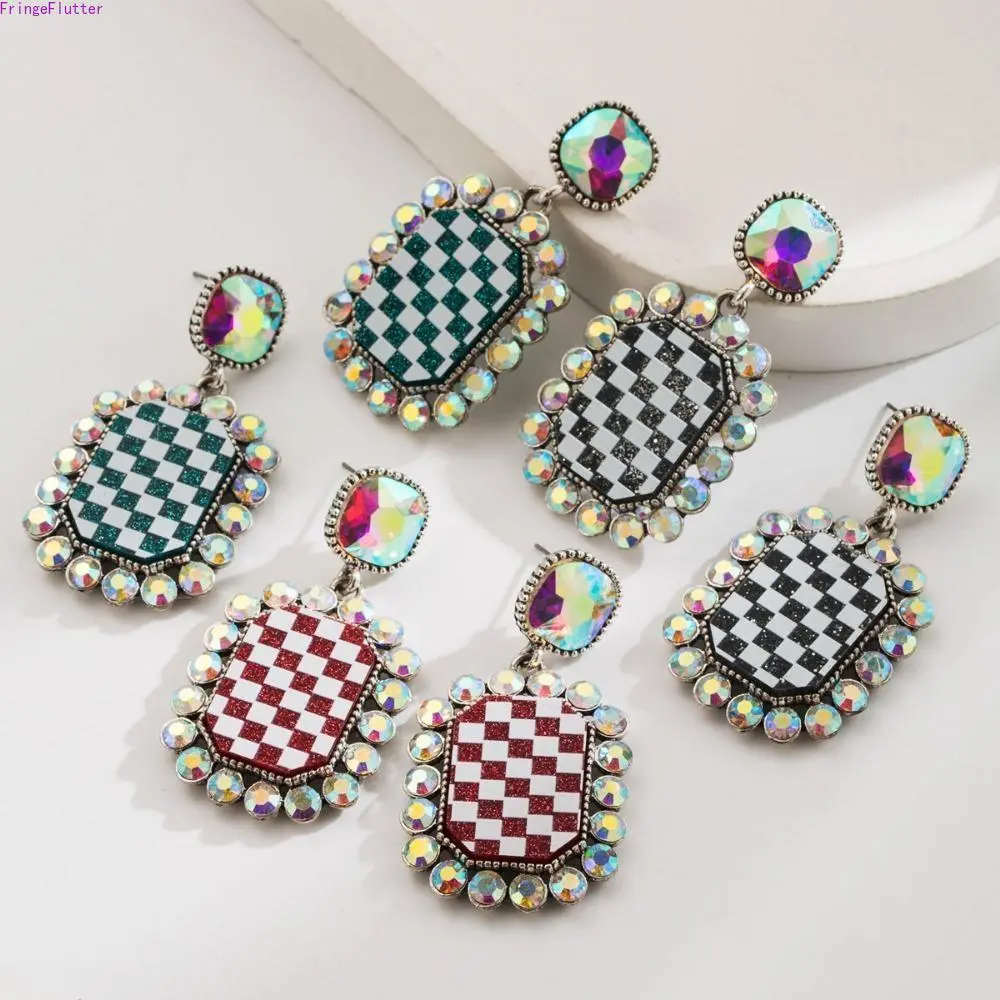 1Pair Women's Retro Y2K Checkerboard Rhinestone Square Earrings Edgy Geometric Plaid Alloy Statement Dangle Earrings Sparkly Fashion Jewelry for Everyday Festival Party Streetwear