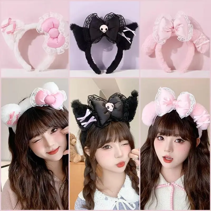Headband with Fluffy Plush Rabbit Ears for Women, Cute Lolita Style Animal Hair Accessory with a Lace Bow, Animals, Female, Lolita Plush, Plush Bow