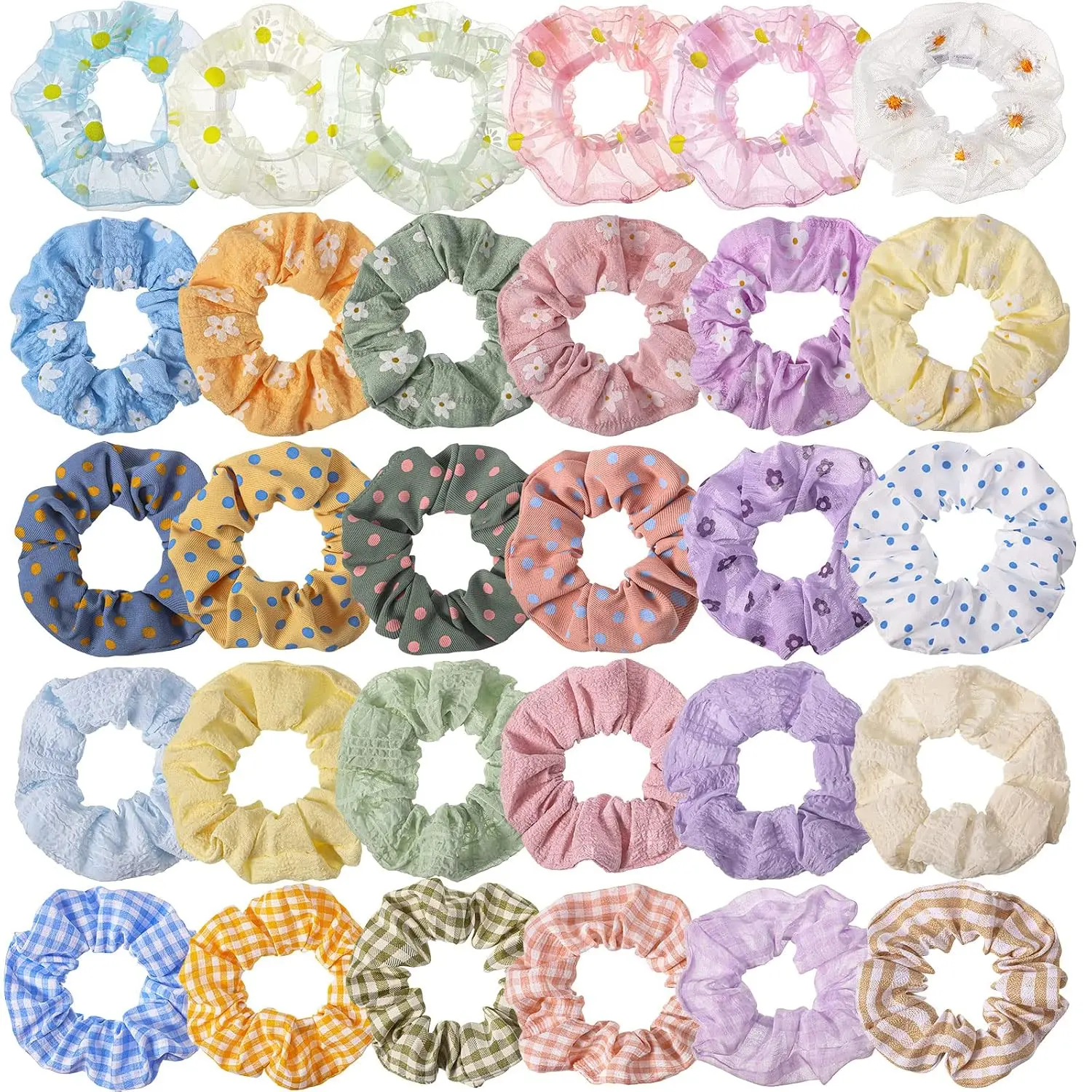 30 count Hair Scrunchies for Women Girls Kawaii Colorful Elastic Band Ponytail Holder Retro Floral  Polka Dot Scrunchies Bulk  Hair Ties Accessories(Classic )
