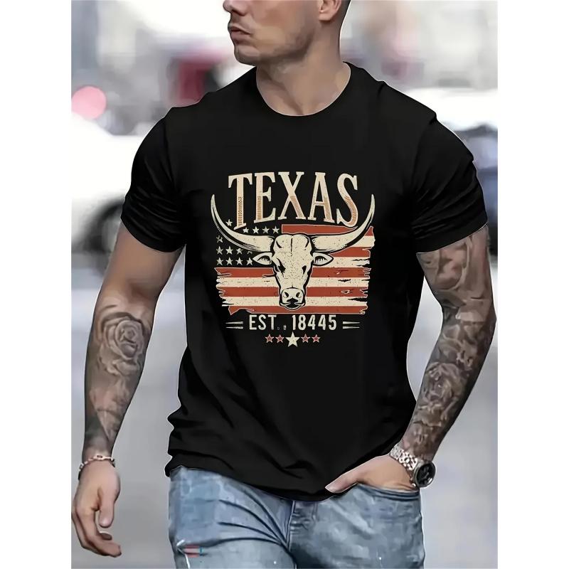 Texas Pride Bull Head T-Shirt Soft Comfortable Fabric Round Neck Short Sleeves Machine Washable Casual Summer Top for Men Streetwear Crewneck Shortsleeve Menswear Tshirt Top Man Biker Black Tropical