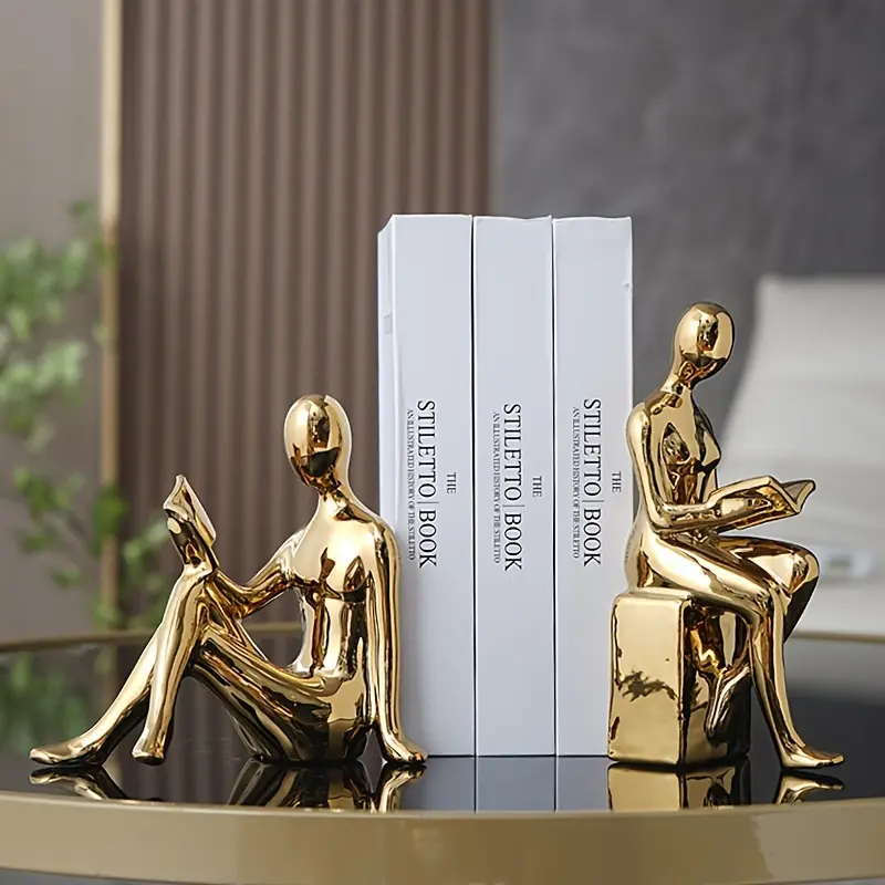 Gold-Tone Ceramic Abstract Figurine Sculpture Bookends, Modern Minimalist Home Office & Living Room Decor, Indoor, Various Room Types